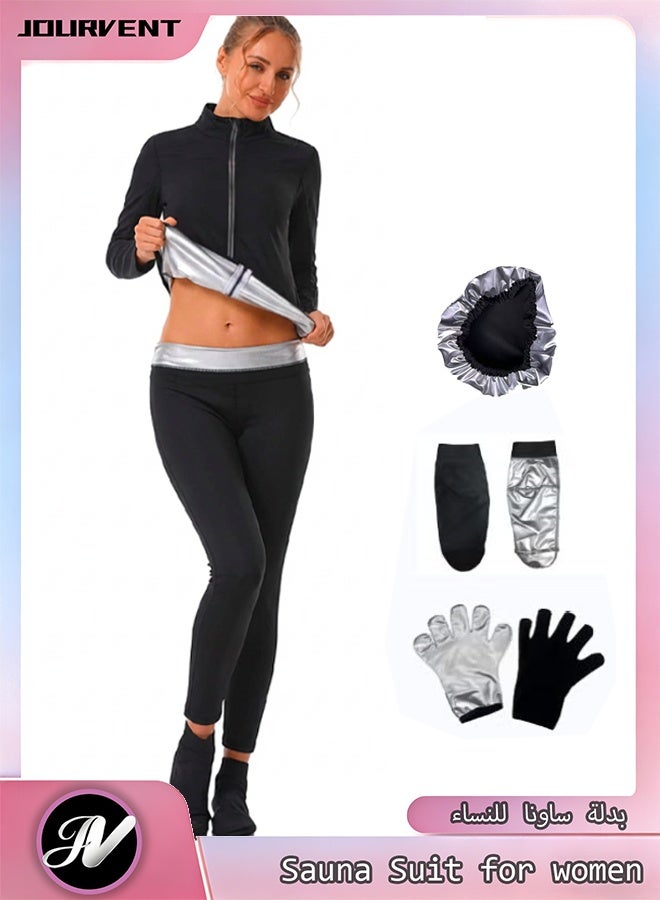 Jourvent Women's Sauna Suit Sweat Set for Weight Loss, Zipper Long Sleeve Top & High-Waist Shaping Pants with Gloves ,Socks & Hat - Image 1